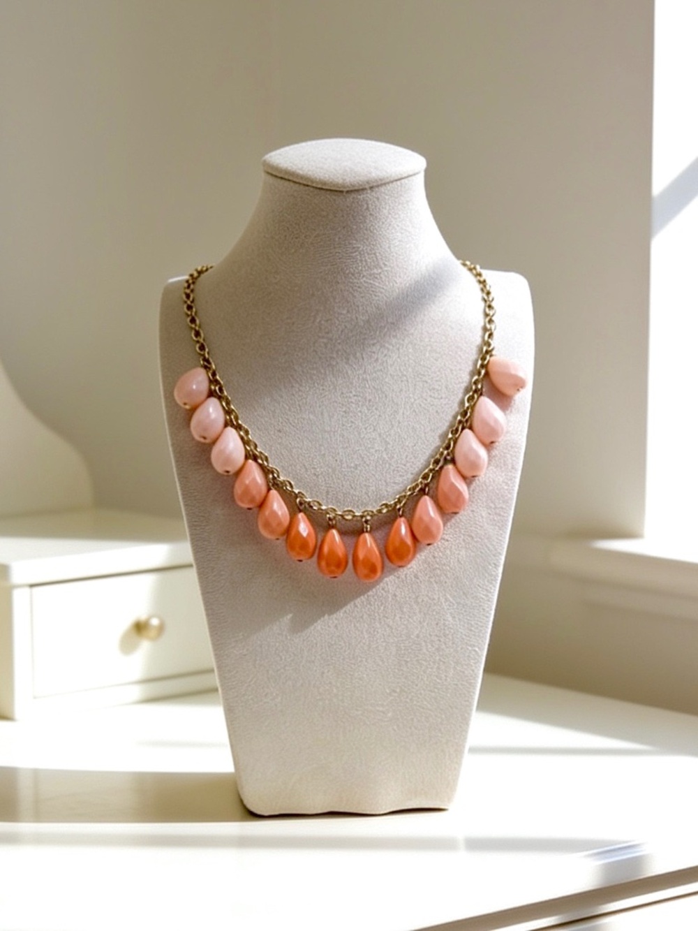 Coral & Blush Ombre Statement Bib Necklace | Gold Tone Chain | Adjustable